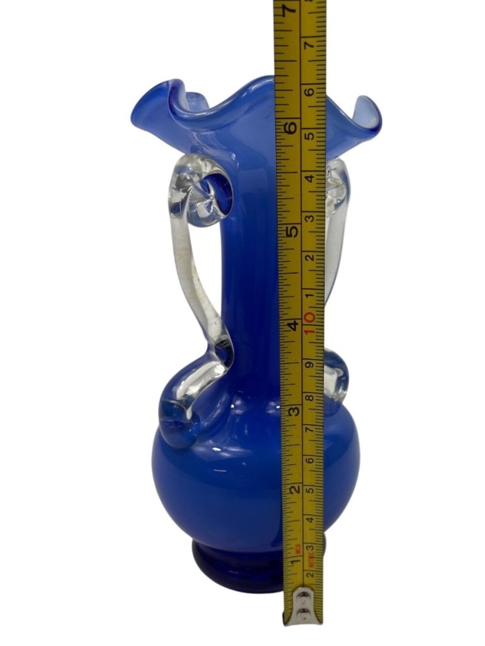 Handmade Cobalt Blue Glass Vase With Clear Swirl Handles & Ruffled Rim - Picture 11 of 12